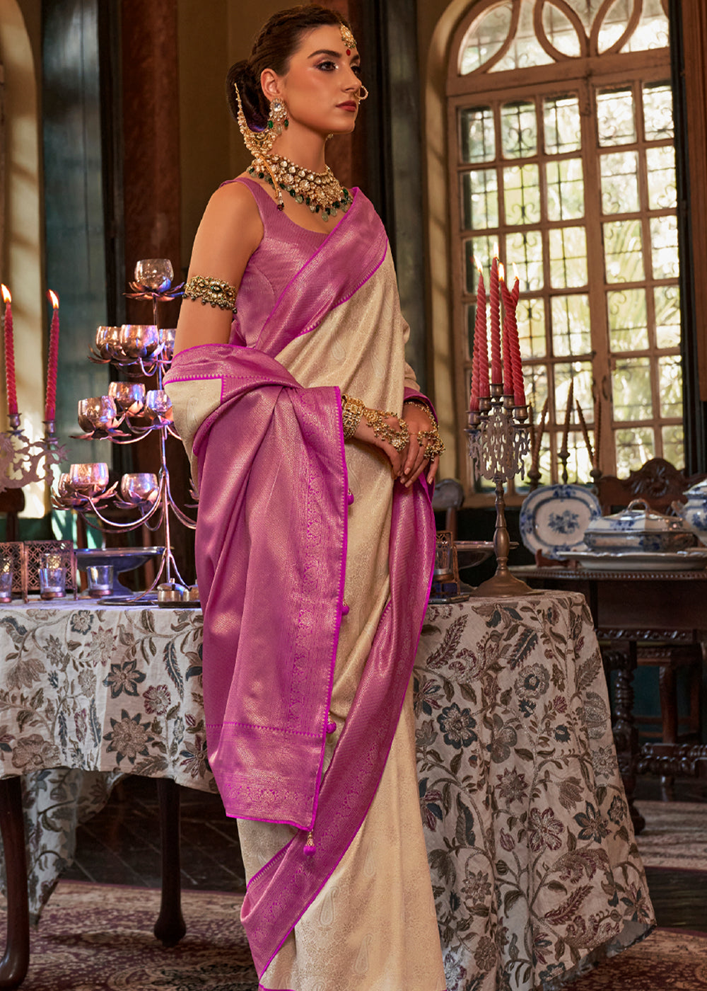 Antique Beige and Purple Woven Kanjivaram Saree