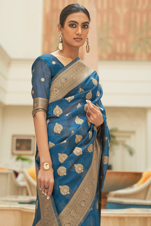 San Marino Blue Zari Woven Organza Silk Saree