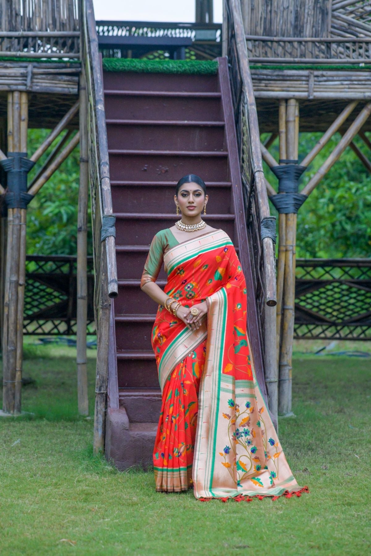 Pomegranate Red Banarasi Paithani Silk Saree