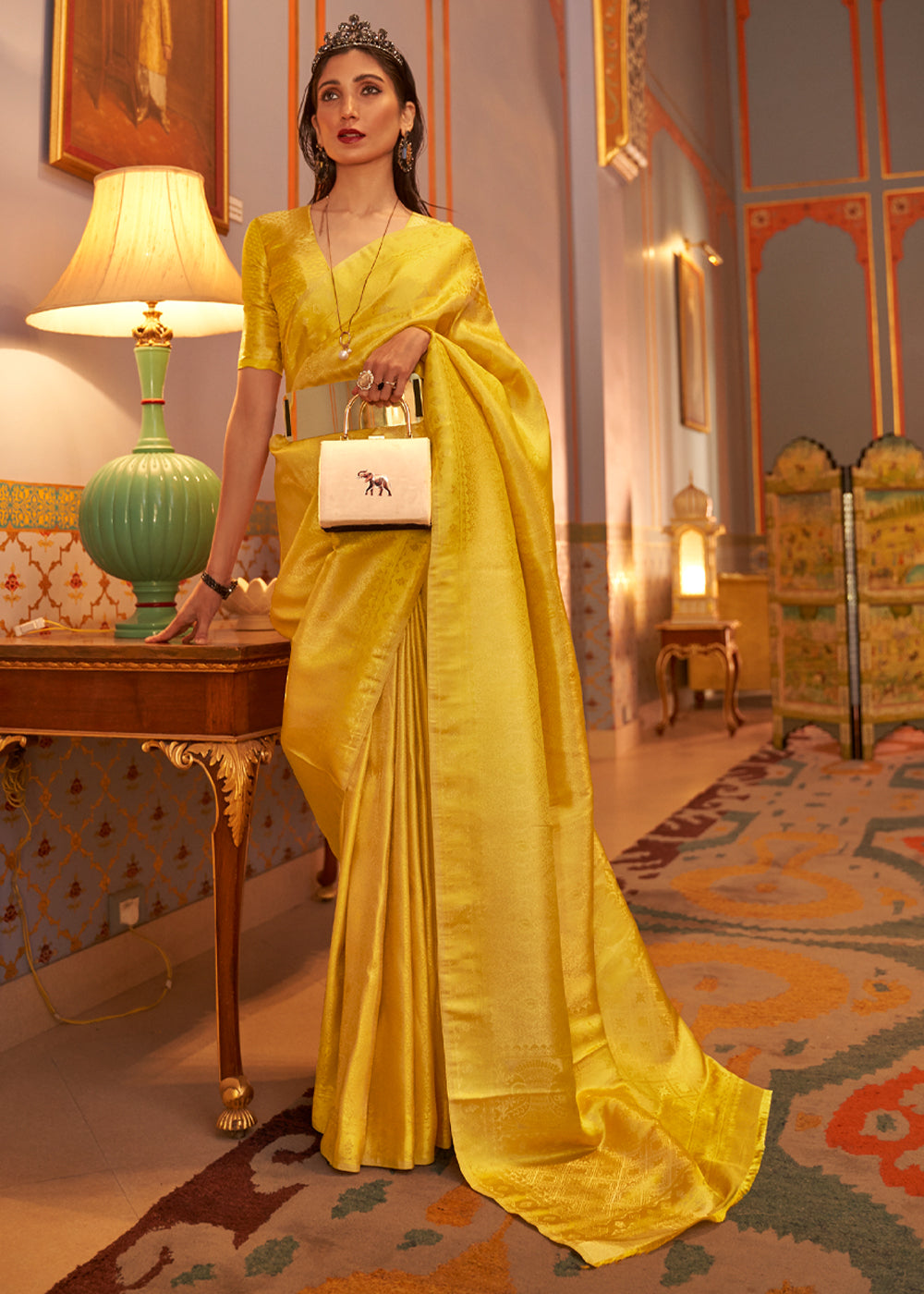 Golden Yellow Dual tone Satin Banarasi Saree