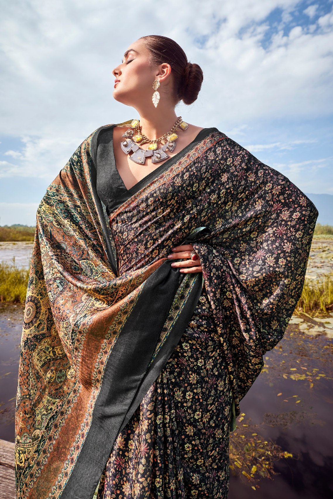 Cape Cod Black Printed Pashmina Silk Saree