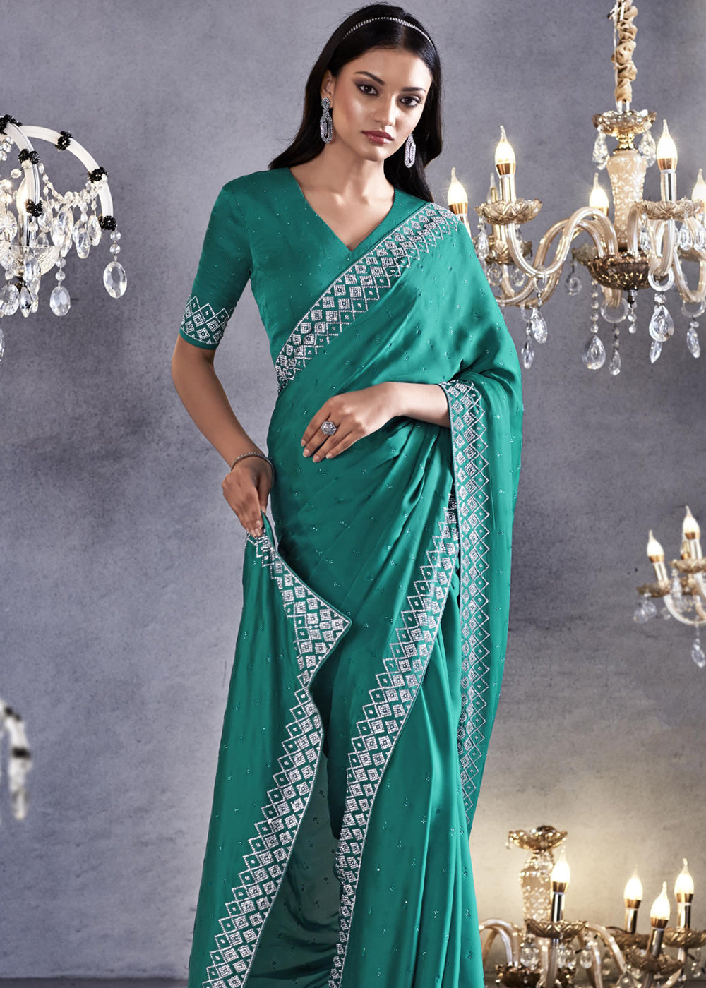 Tradewind Blue Woven Embroidered Satin Silk Saree