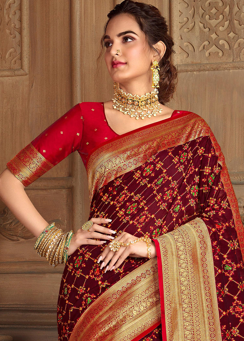 Heath Brown and Red Zari Woven Banarasi Saree