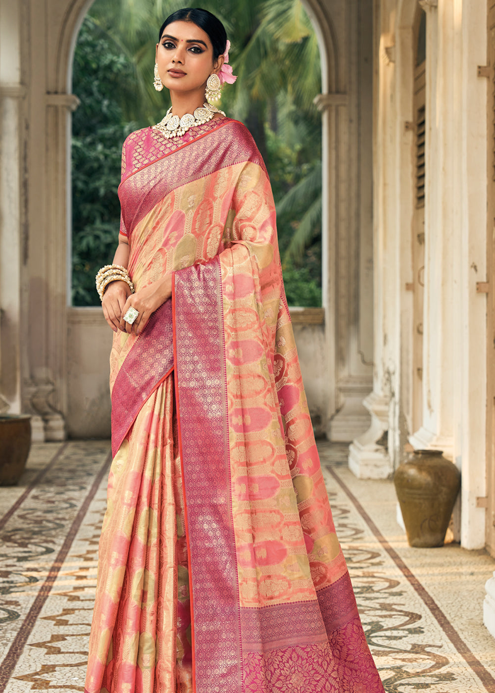 Copperfield Peach Woven Organza Banarasi Silk Saree