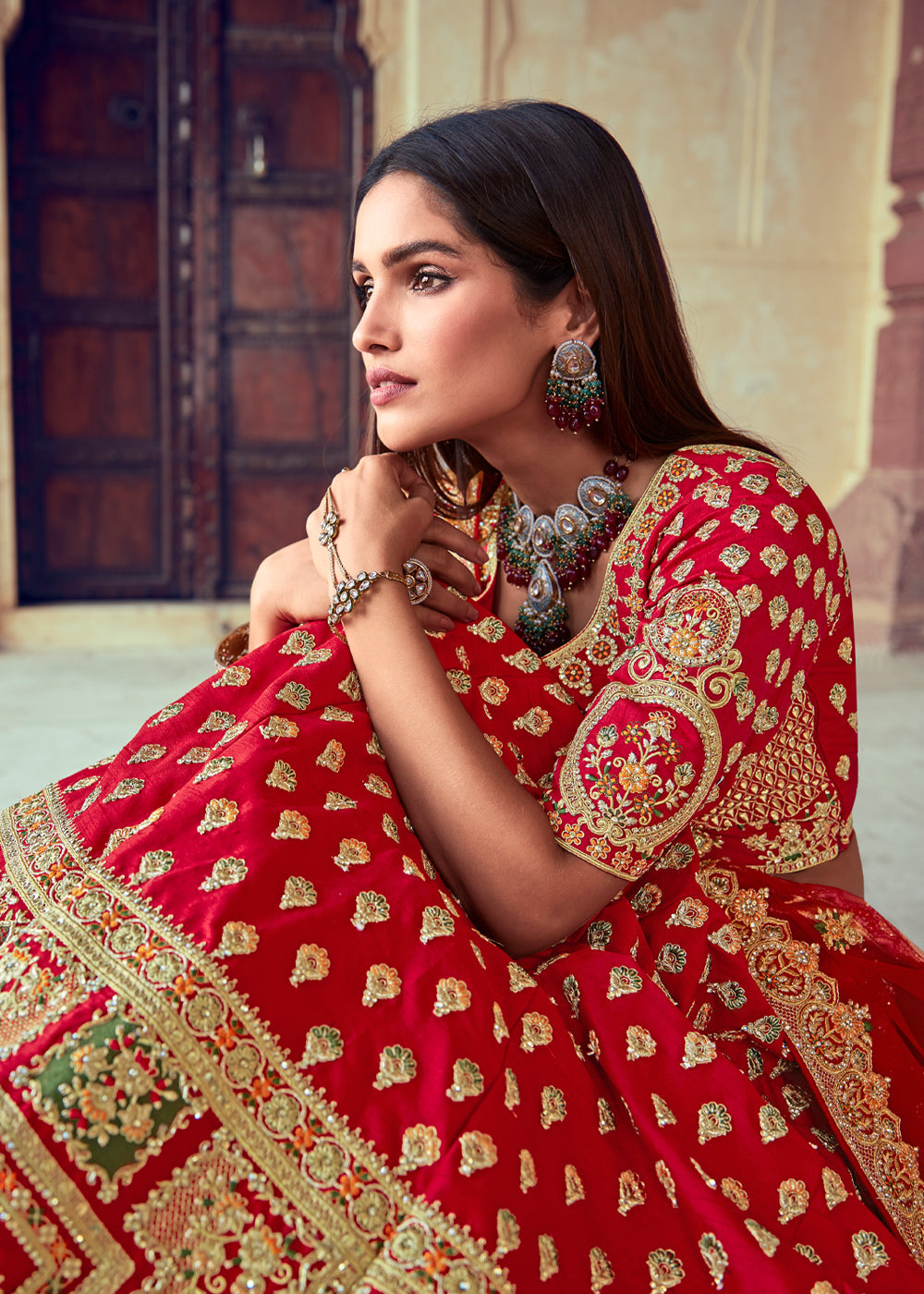 Persian Red and Orange Heavy Embroidered Designer Lehenga