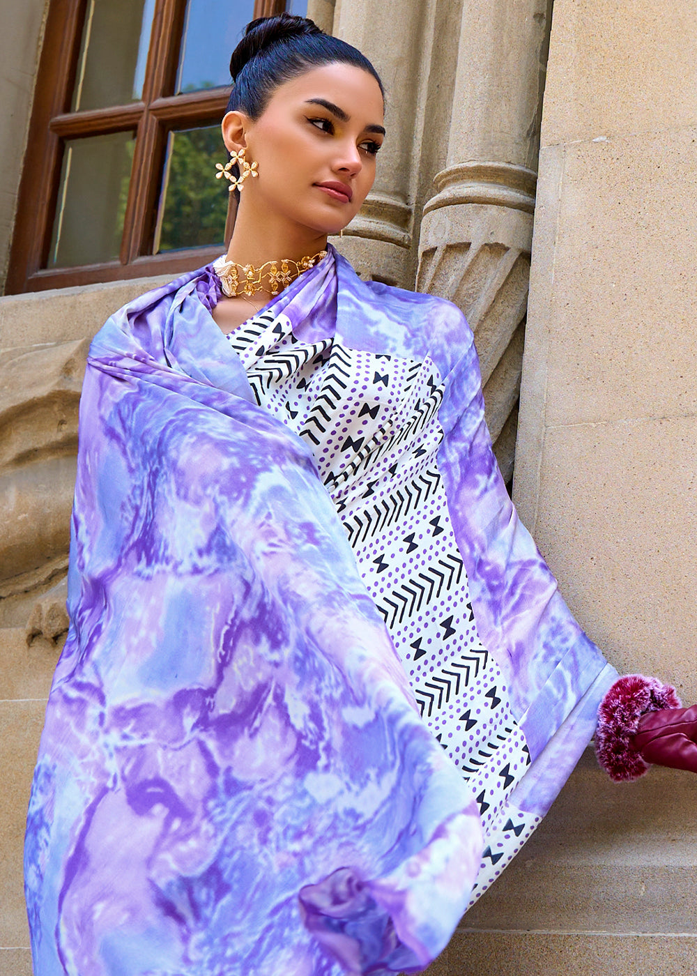 Melrose Lavender Printed Satin Crepe Sarees