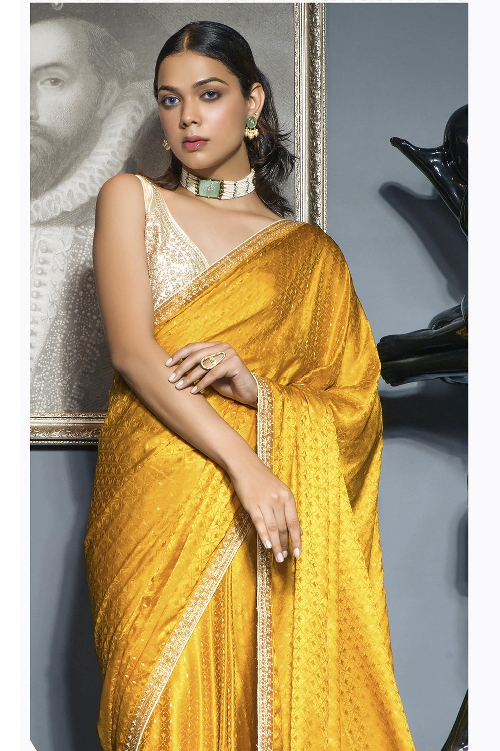 Mustard Yellow Satin Saree