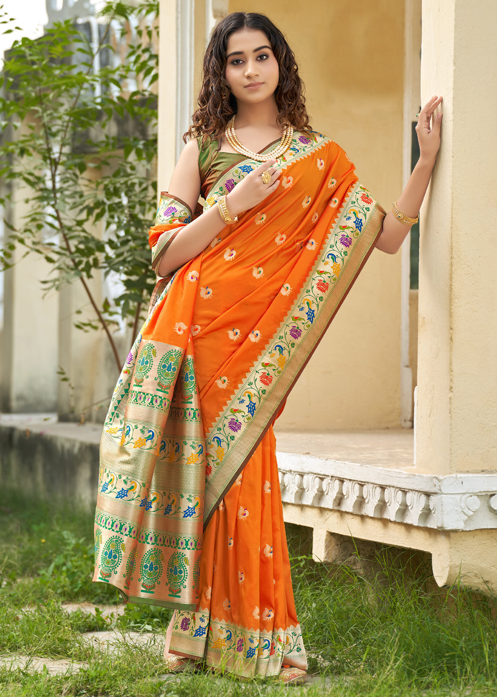 Flamingo Orange and Green Zari Woven Banarasi Paithani Saree