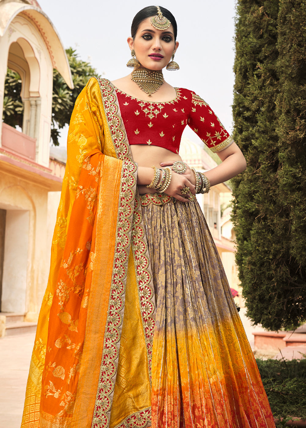 Beaver Brown and Orange Heavy Embroidered Lehenga