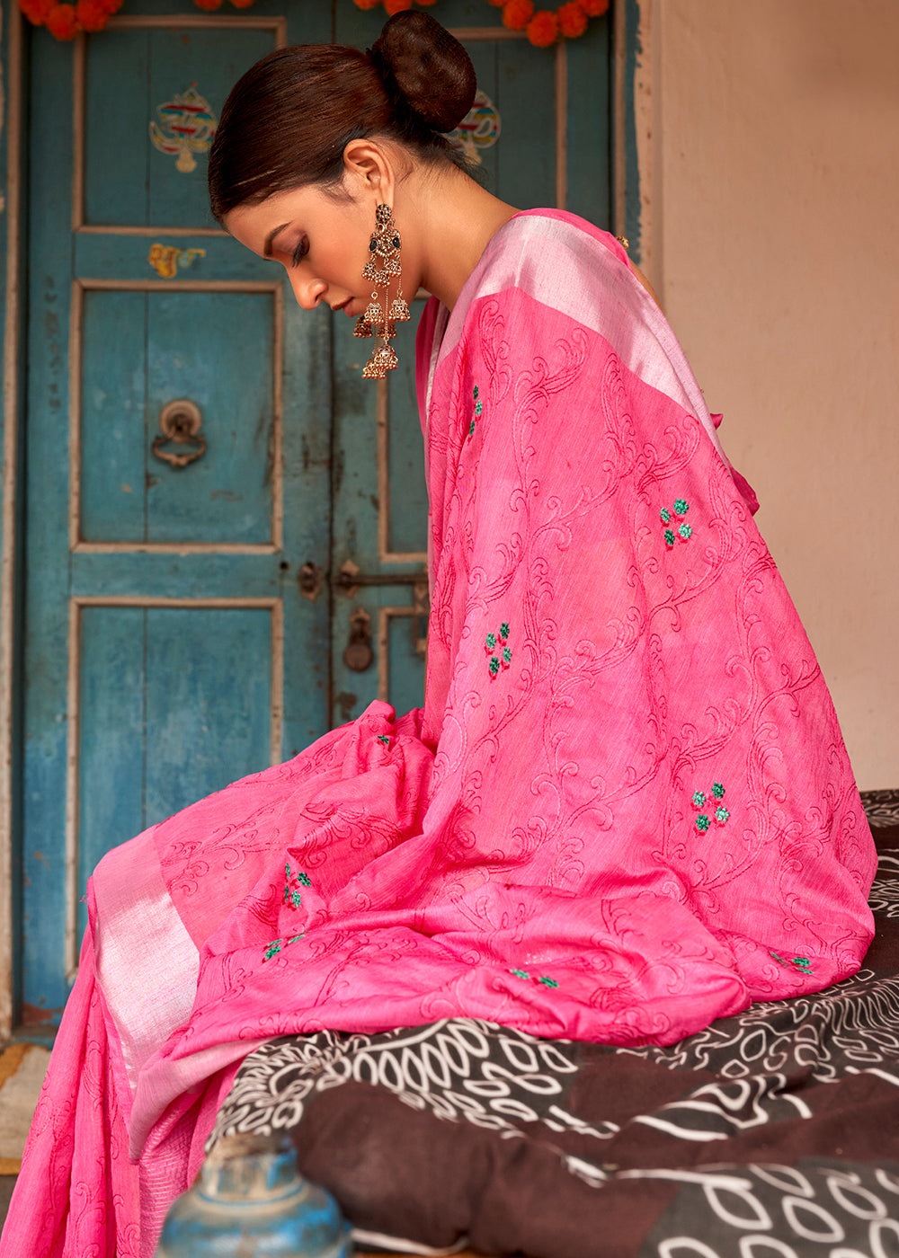 Froly Pink Floral Embroidered Linen Saree