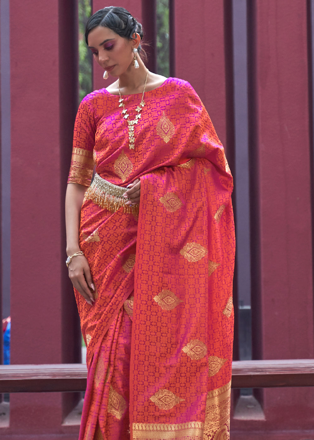 Red Damask Banarasi Woven Satin Silk Saree