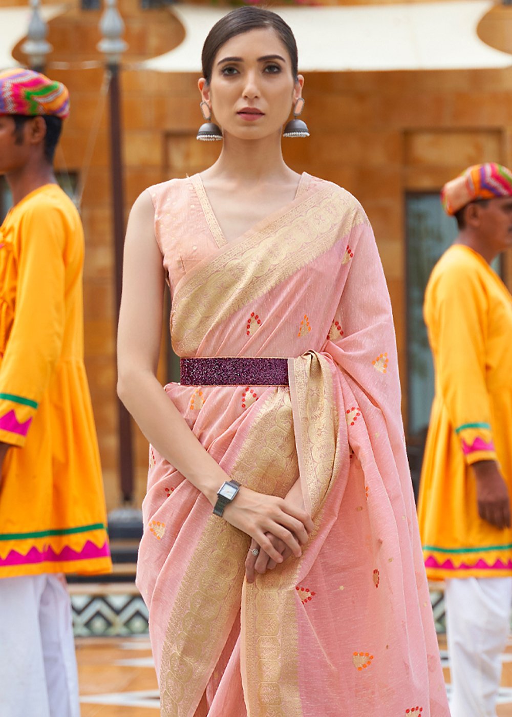 My Blush Pink Zari Woven Banarasi Linen Saree