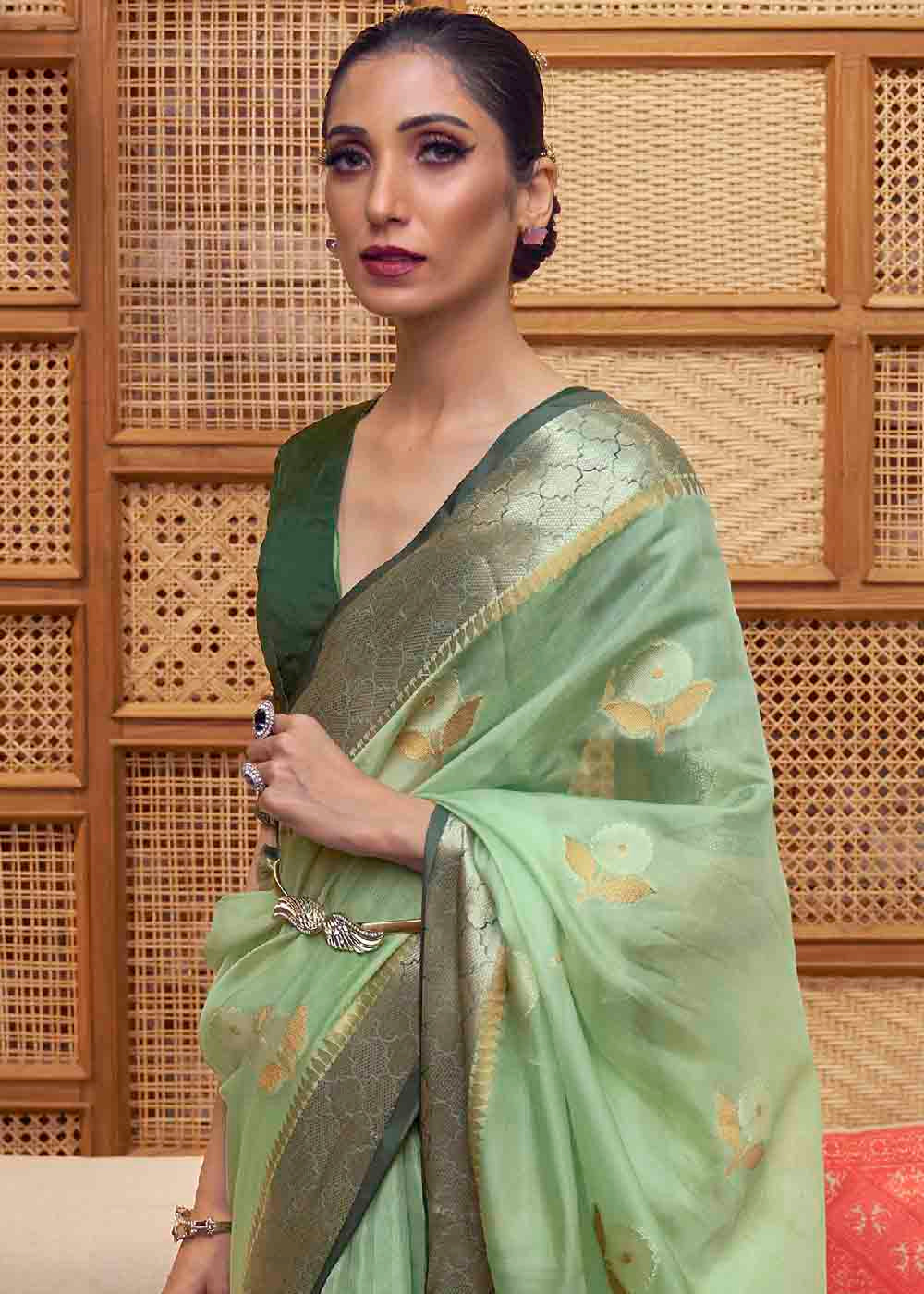 Asparagus Green Zari Woven Two Tone Organza Saree