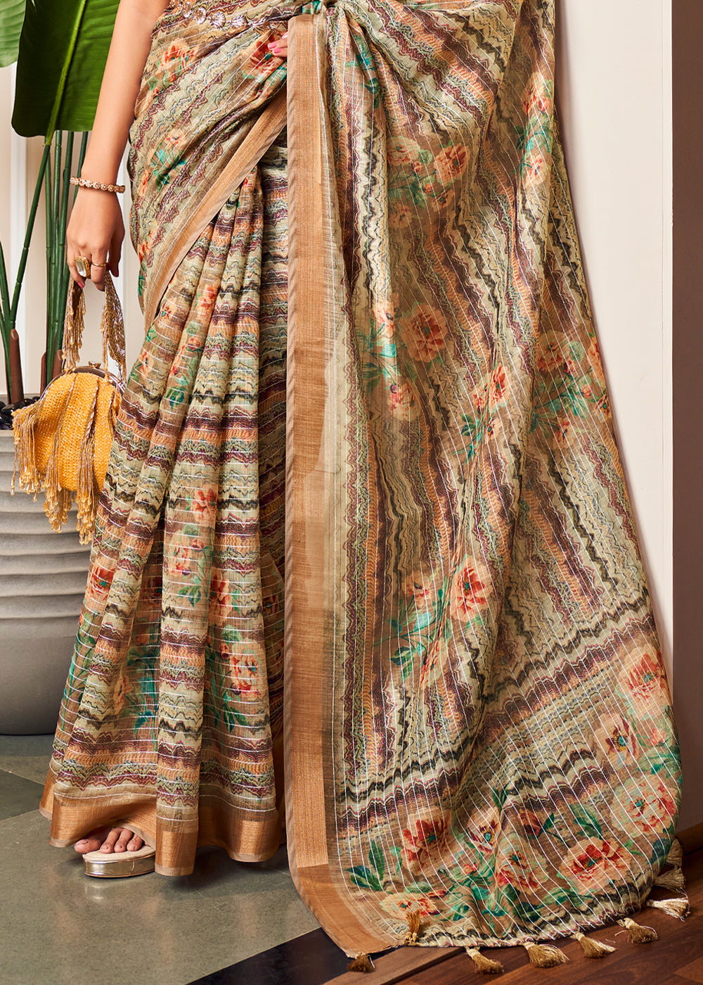 Antique Brass Brown Linen Saree with Digital Print