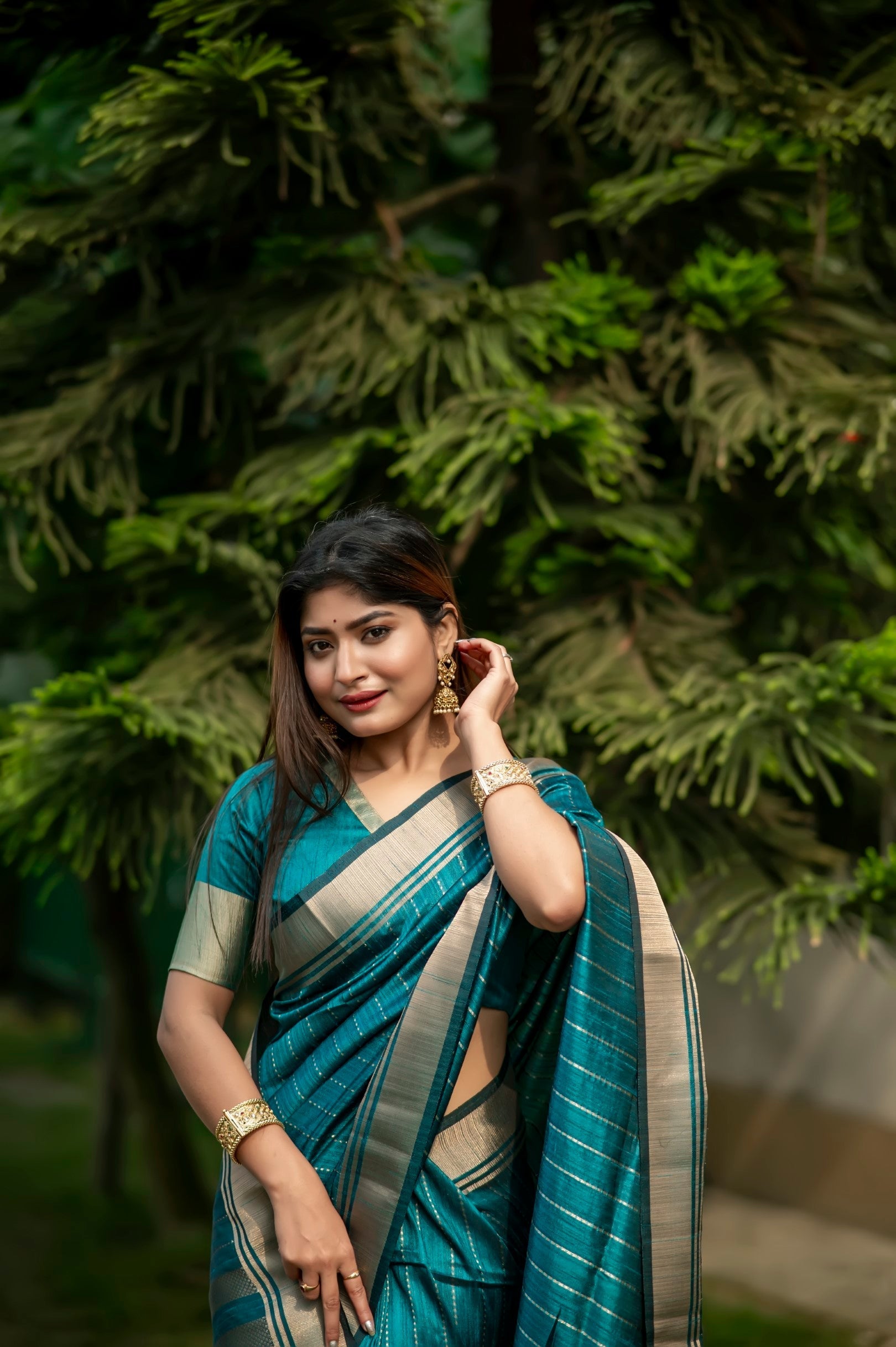 Teal Blue Woven Raw Silk Saree