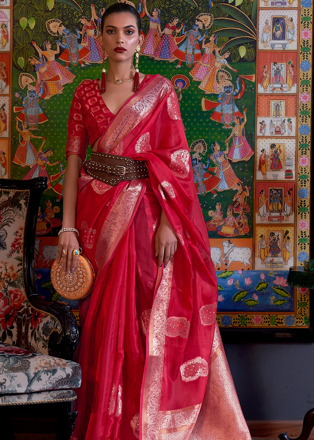 Rose Pearl Red Woven Banarasi Organza Silk Saree