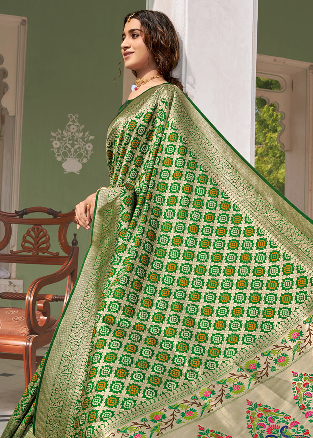 Highland Green Zari Woven Banarasi Brocade Saree