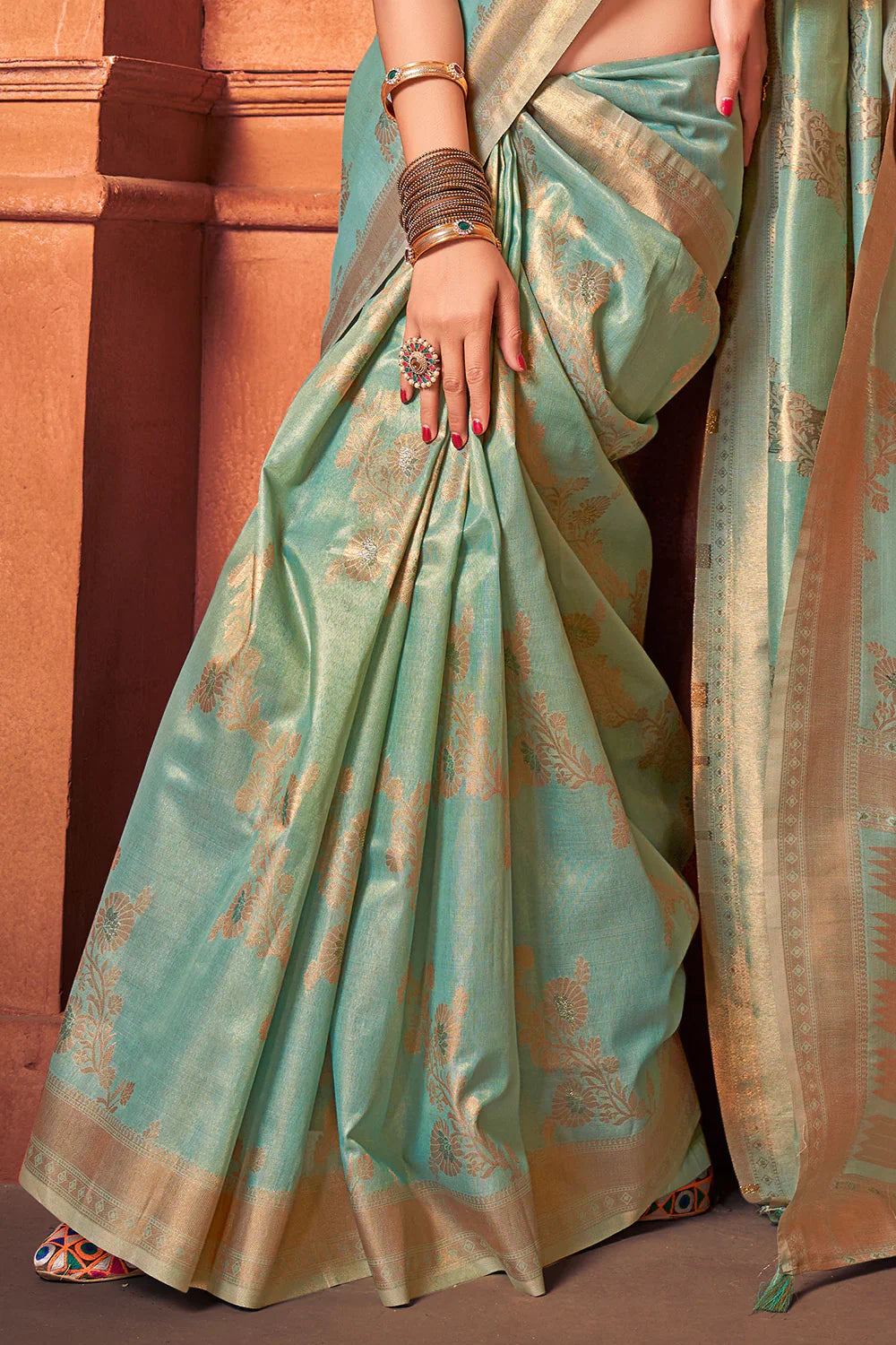 Avocado Green Cotton Tissue Silk Saree