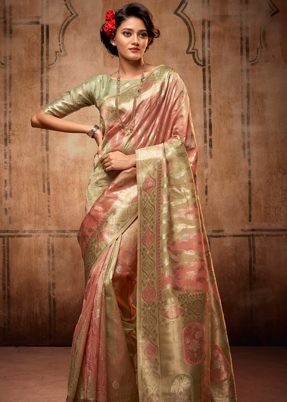 Antique Pink and Green Zari Woven Banarasi Organza Saree