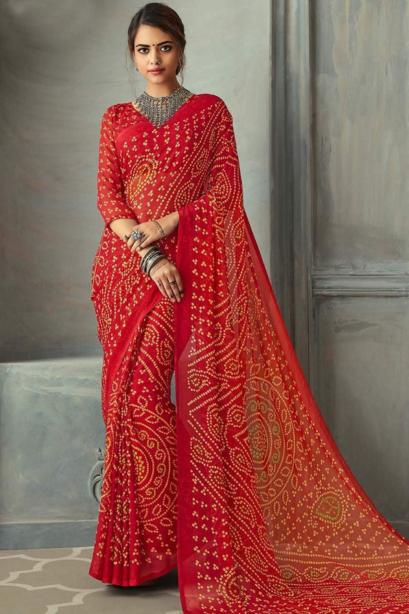 Jasper Red Chiffon Bandhani Printed Saree