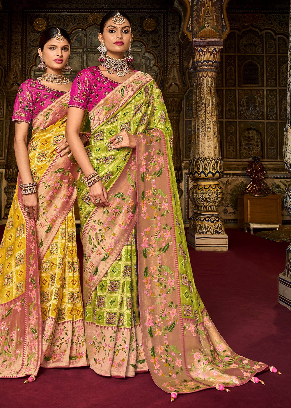 Earls Green and Pink  Patola Printed Dola Silk Saree With Embroidered Blouse