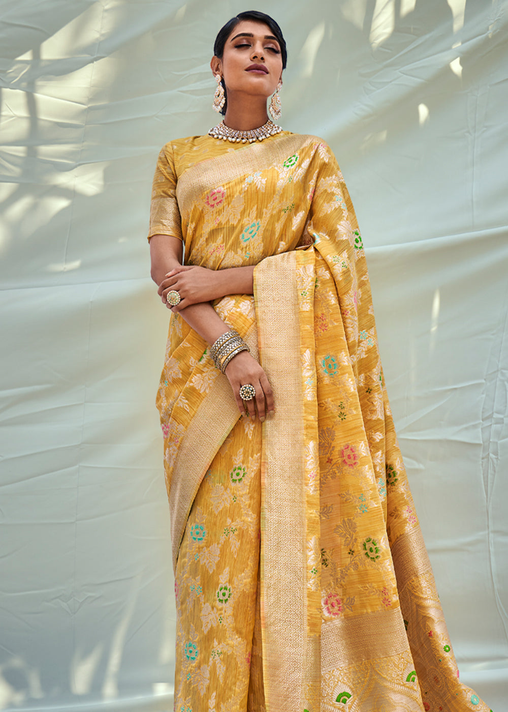 Mustard Yellow Zari Woven Banarasi Linen Saree