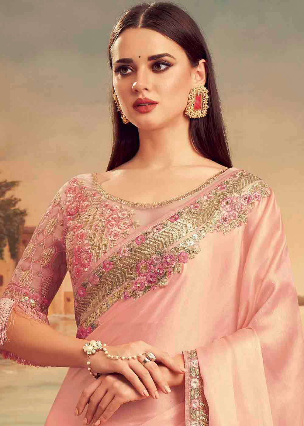 Mona Pink Embroidered Satin Silk Designer Saree