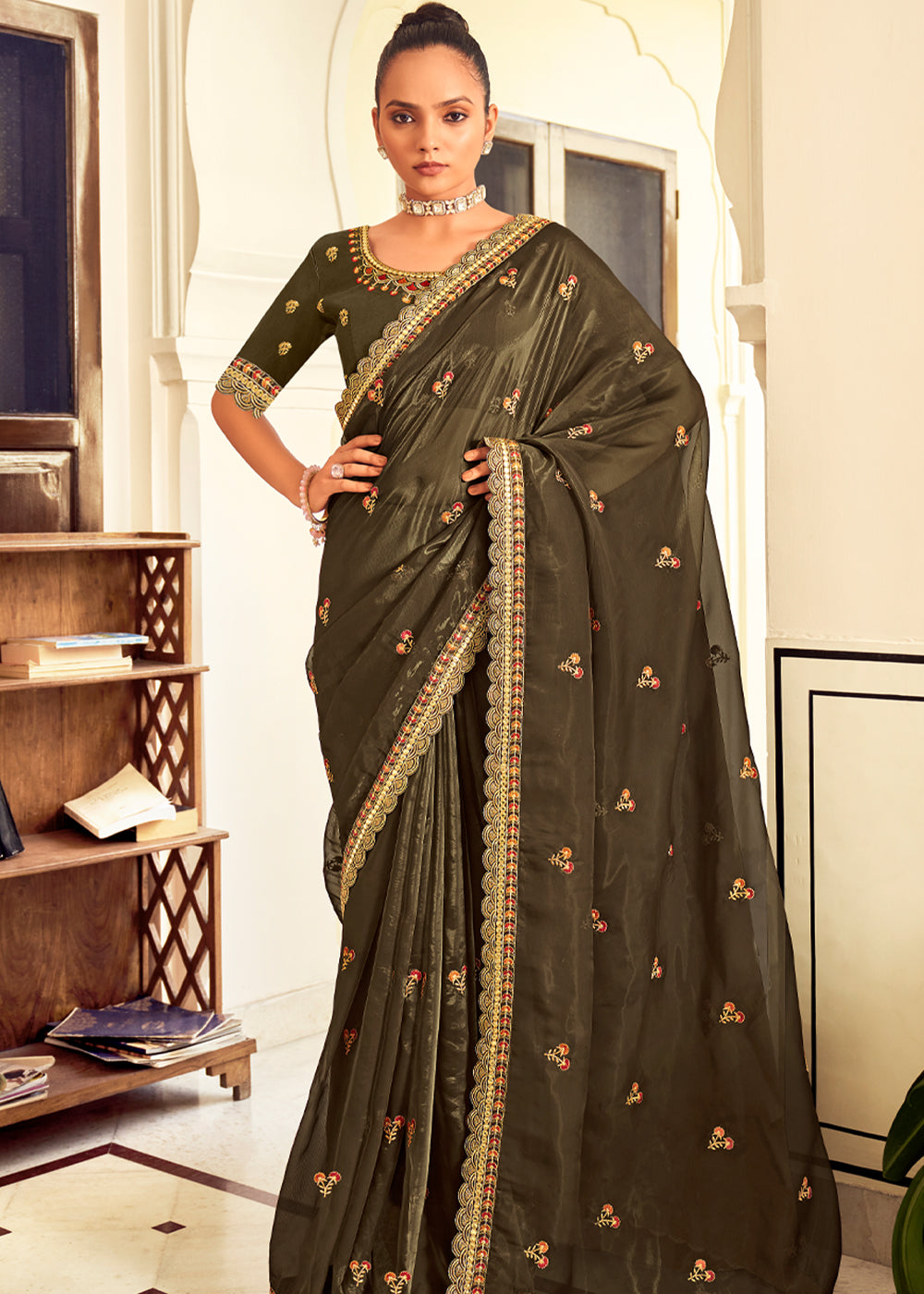 Costa Del Sol Green Woven Banarasi Georgette Silk Saree