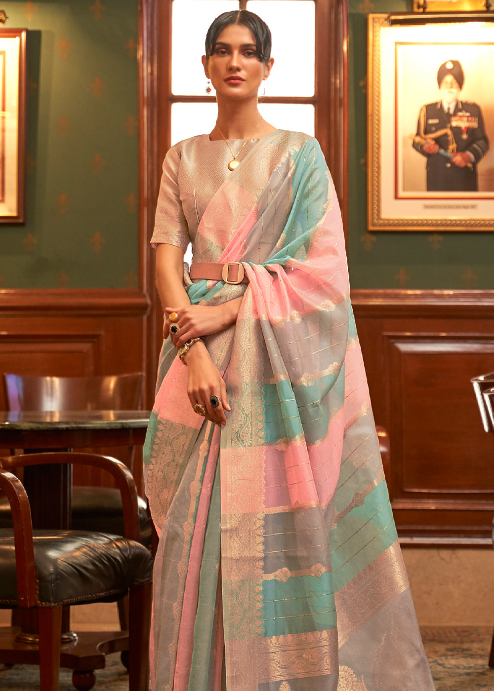 Envy Blue Grey and Pink Zari Woven Banarasi Organza Saree