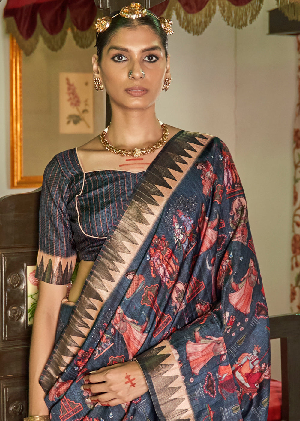 Matterhorn Blue Designer Printed Silk Saree