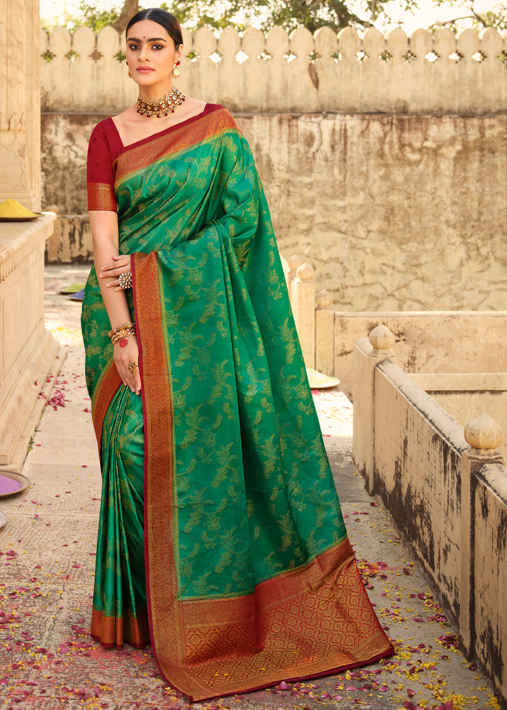 Goblin Green & Red Zari Woven Kanjivaram Saree