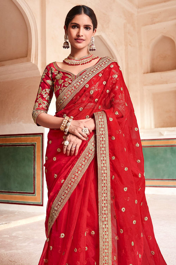 Pearl Red Organza Saree