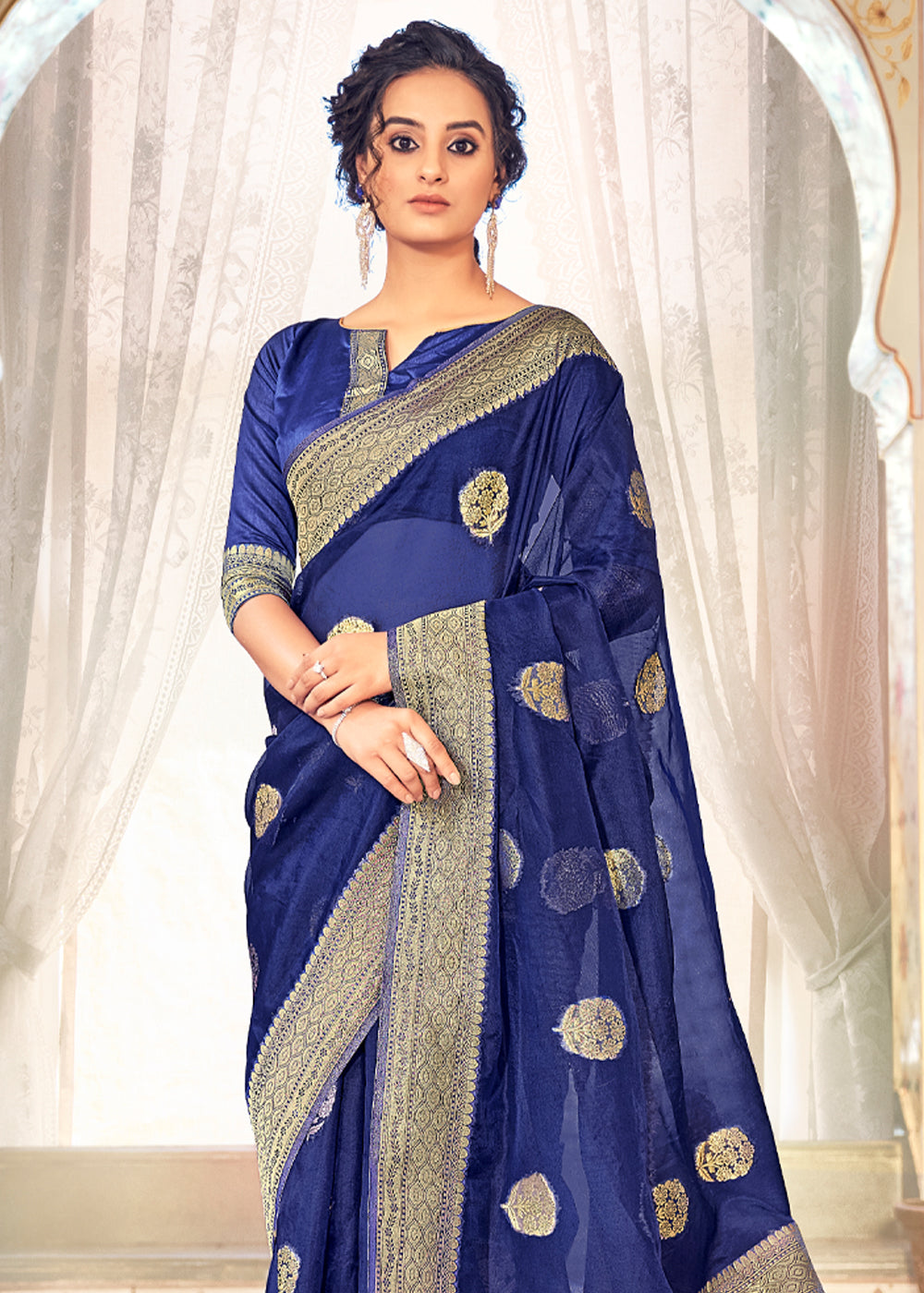 East Bay Blue Zari Woven Banarasi Organza Saree