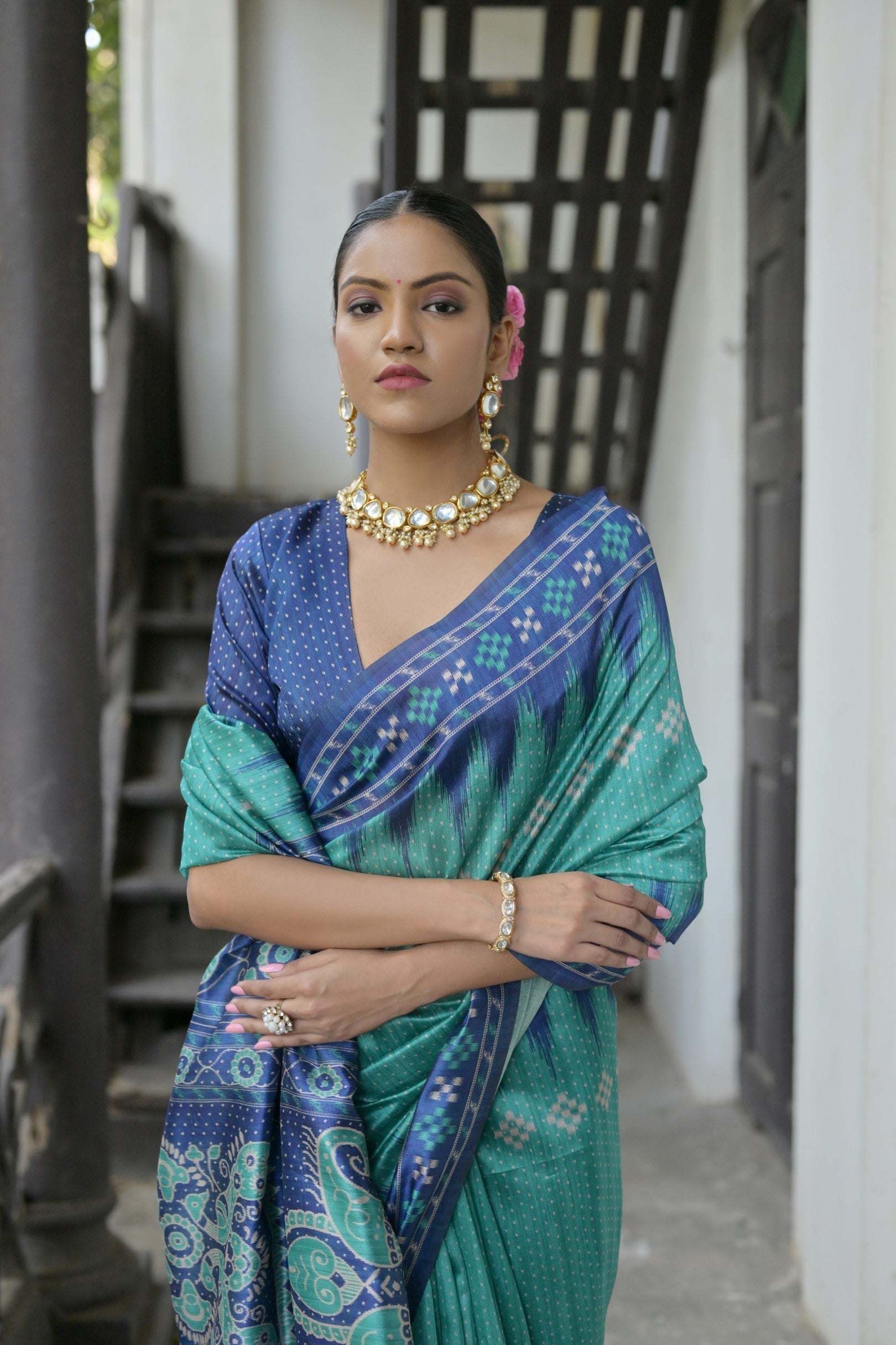 Fountain Green and Blue Printed Tussar Silk Saree