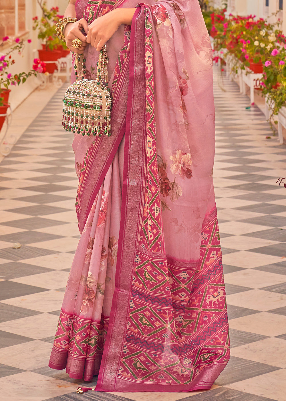 Froly Pink Printed Chiffon Patola Silk Saree