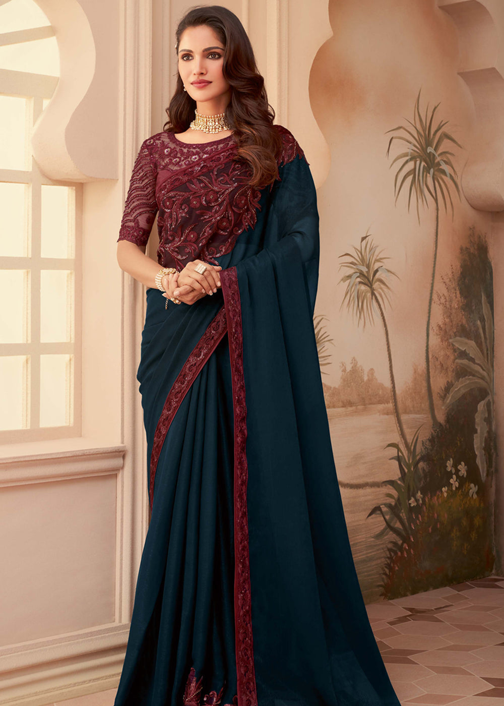 Firefly Blue Georgette Designer Saree with Embroidered Blouse