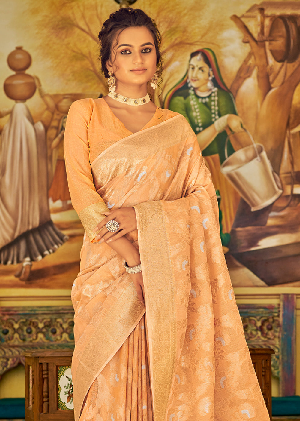 Texas Rose Orange Zari Woven Banarasi Linen Saree