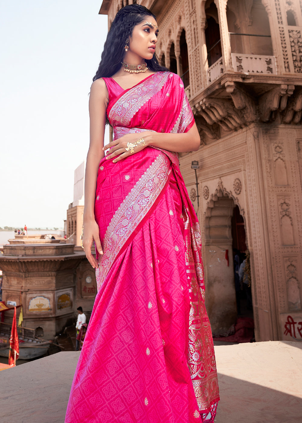 Rose Pink Woven Banarasi Satin Silk Saree