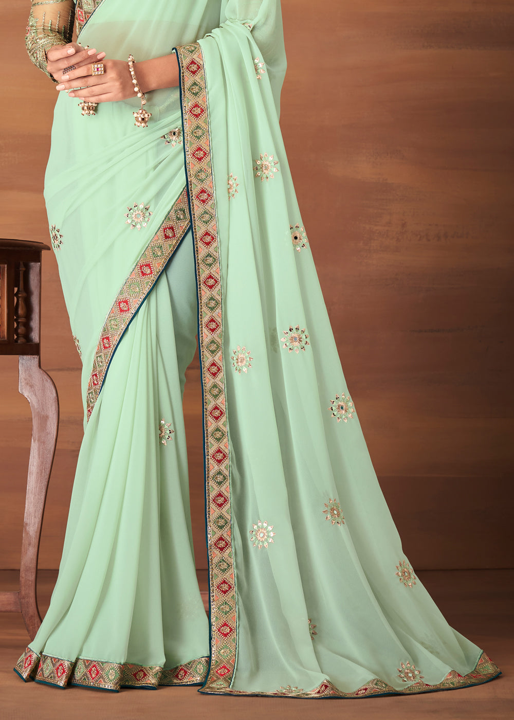 Moss Green Designer Saree with Embroidered Blouse