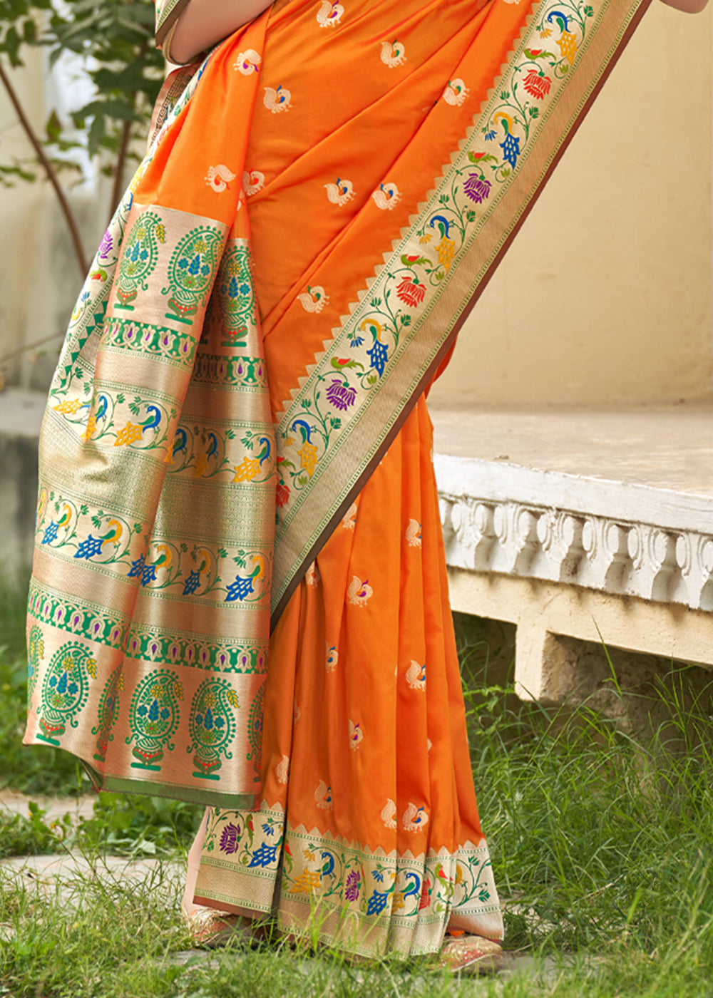 Flamingo Orange and Green Zari Woven Banarasi Paithani Saree