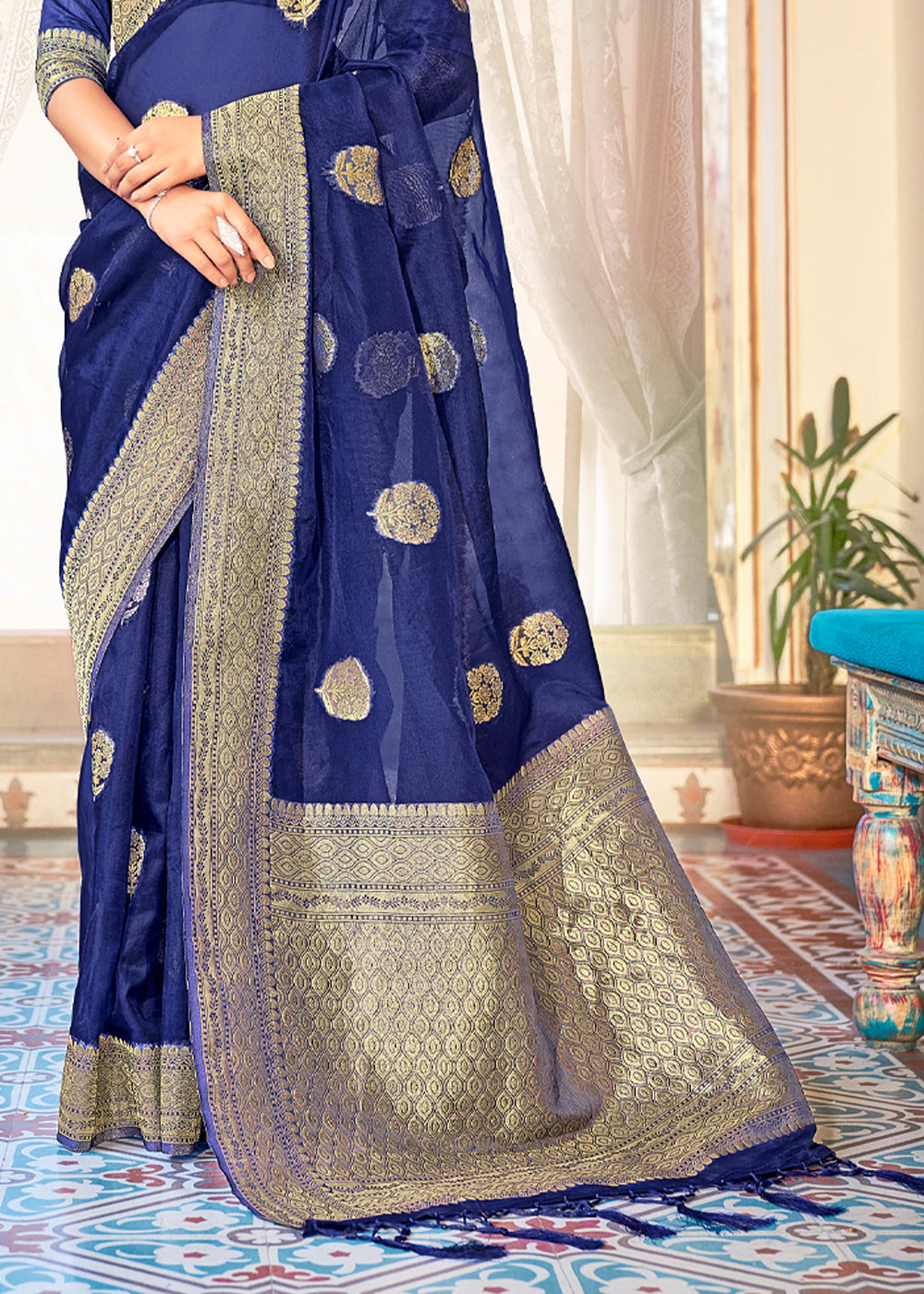 East Bay Blue Zari Woven Banarasi Organza Saree