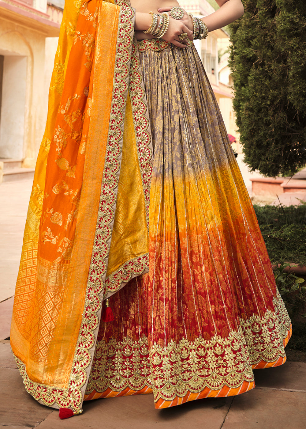 Beaver Brown and Orange Heavy Embroidered Lehenga