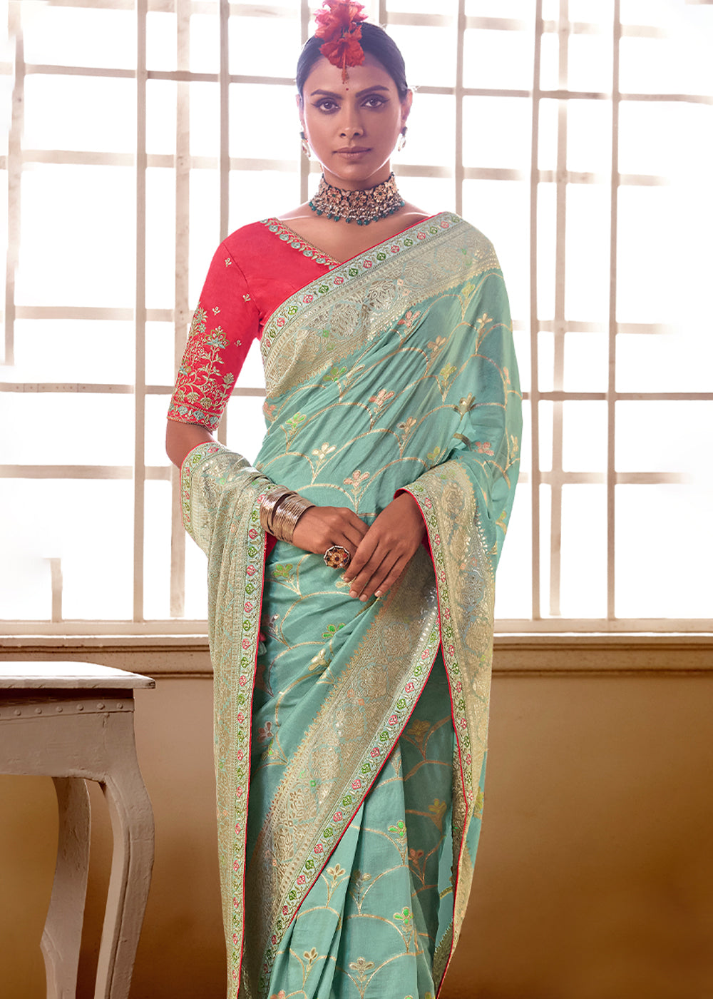 Summer Blue Banarasi Saree with Designer Blouse