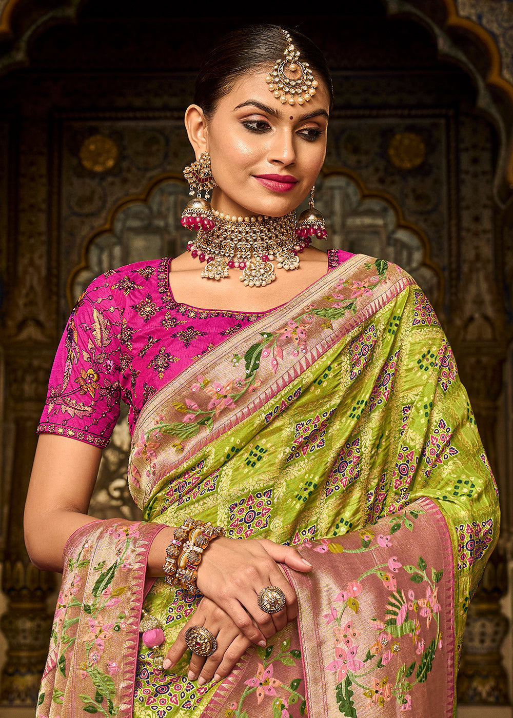 Earls Green and Pink  Patola Printed Dola Silk Saree With Embroidered Blouse