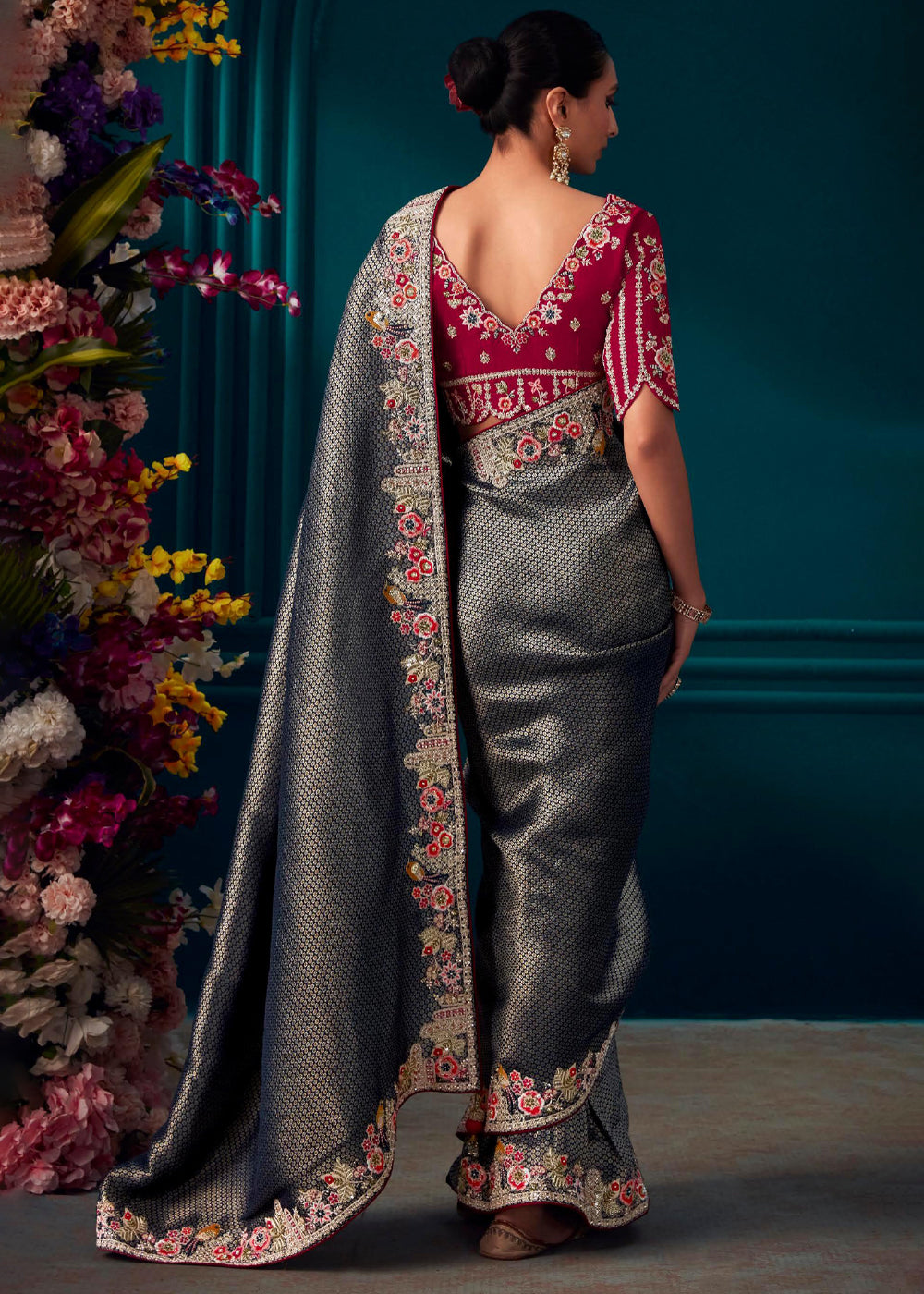 Corduroy Grey Woven Embroidered Banarasi Silk Saree