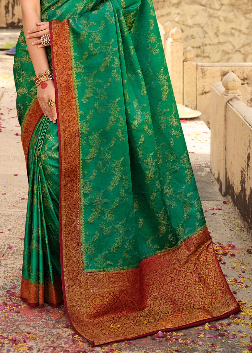 Goblin Green & Red Zari Woven Kanjivaram Saree