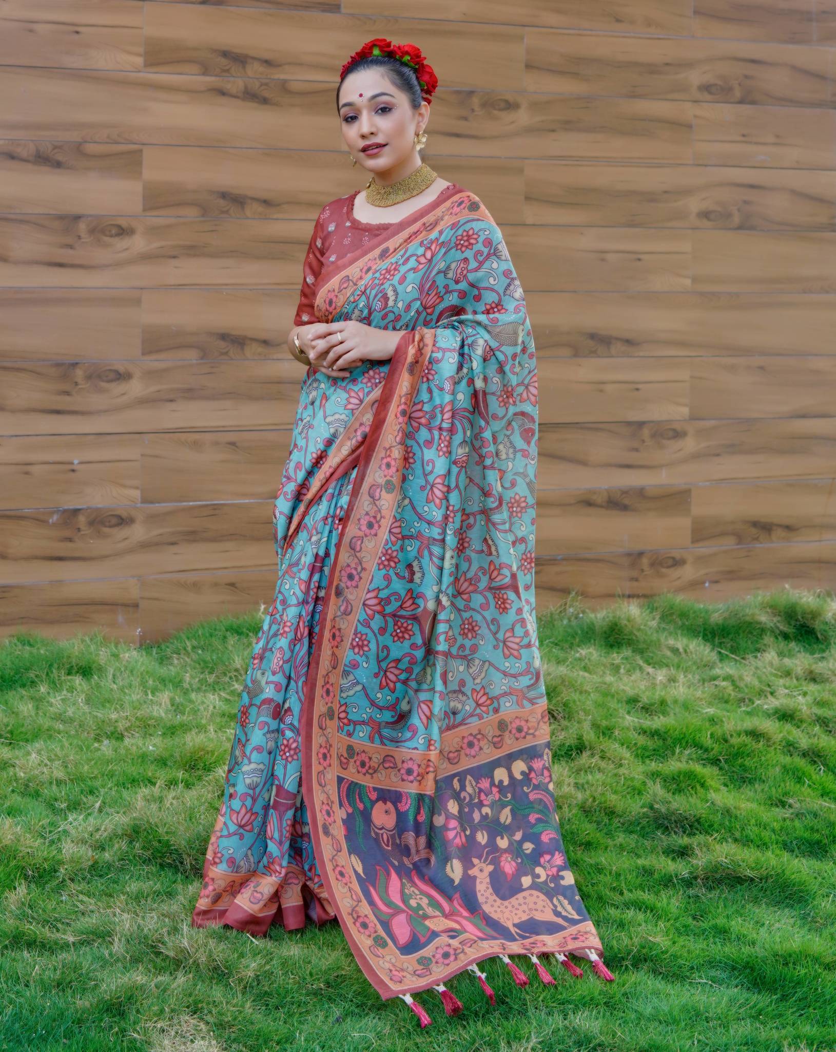 Blue Bell Cotton Kalamkari Printed Saree