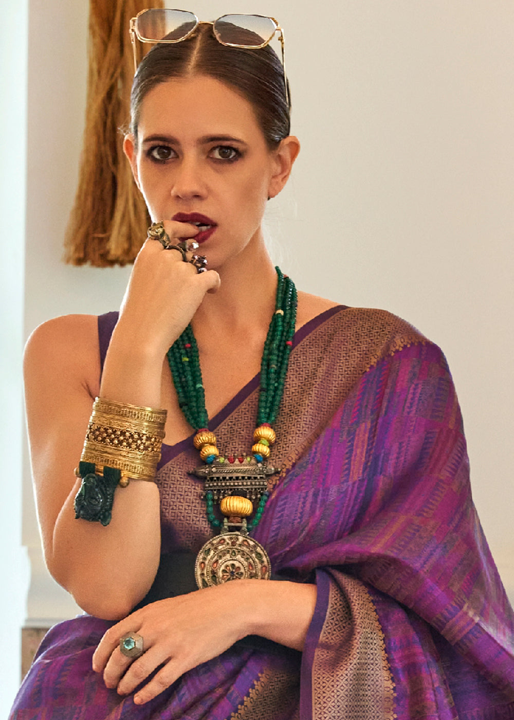 Cosmic Purple Handloom Organza Silk Saree by bollywood actress Kalki Koechlin