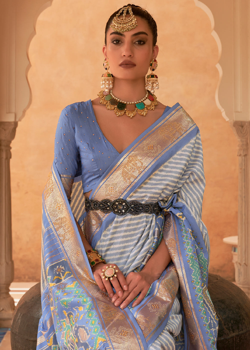 Cove Blue Patola Silk Saree