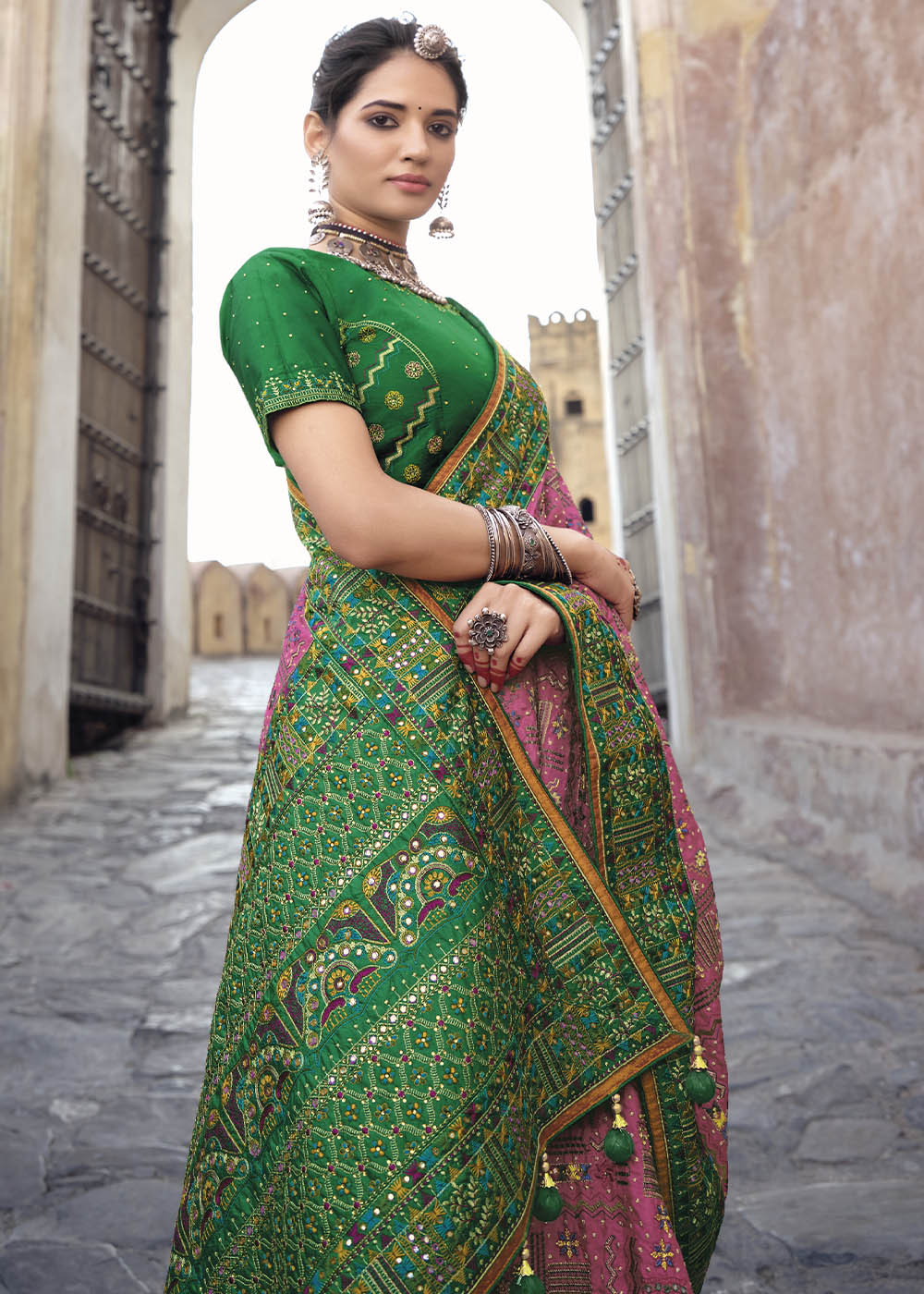 Contessa Pink and Green Banarasi Saree with Kachhi,Mirror and Diamond Work